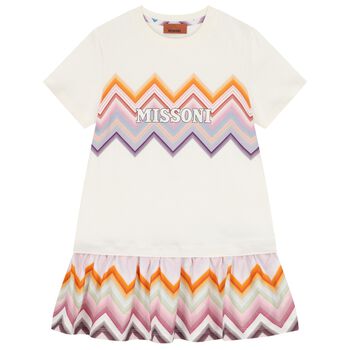 Girls Ivory & Pink Zig Zag Logo Dress