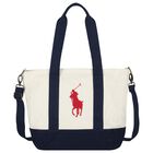 Girls Ivory & Navy Blue Canvas Pony Logo Tote Bag ( 44cm ), 1, hi-res