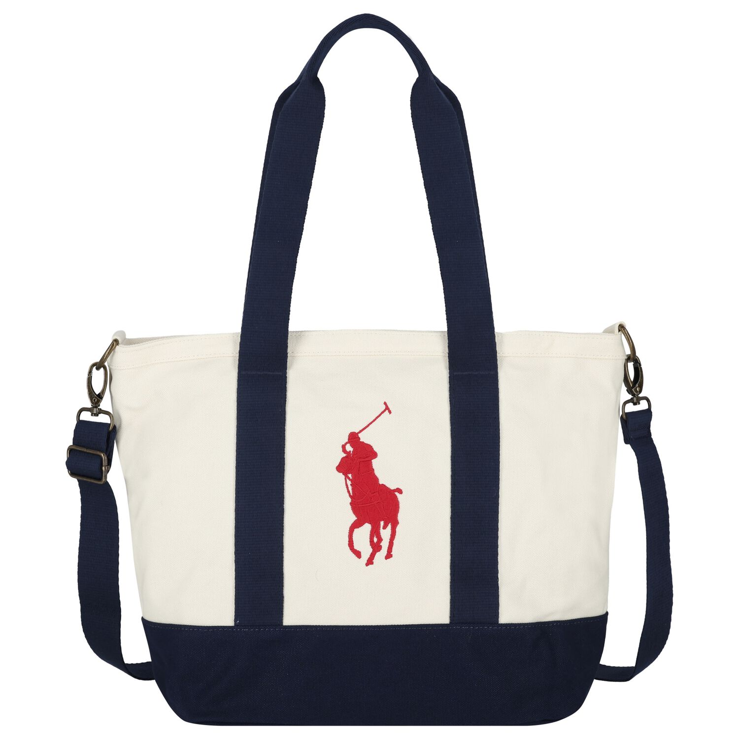 Girls Ivory & Navy Blue Canvas Pony Logo Tote Bag ( 44cm ), 1, hi-res