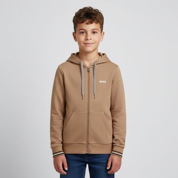 Boys Beige Logo Hooded Zip Up Top