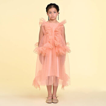 Girls Pink Tulle Ruffled Dress