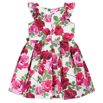 Girls White & Pink Rose Satin Dress
