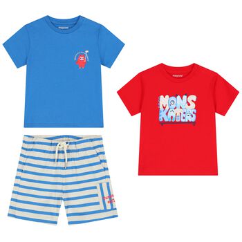 Younger Boys Red, Blue & Ivory Shorts Set