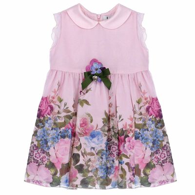 Younger Girls Pink Floral Printed Collared Dress