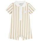 Baby Boys Beige & White Striped Logo Romper, 1, hi-res