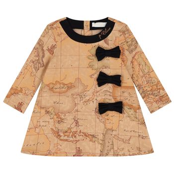 Girls Beige Geo Map Bow Dress