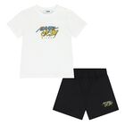 Younger Boys White & Black Logo Shorts Set, 1, hi-res