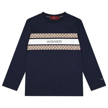 Boys Navy Blue Logo Long Sleeve Top