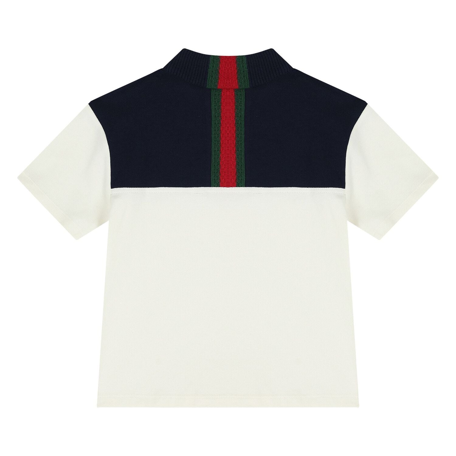 Younger Boys Ivory & Navy Blue Web Striped Polo Shirt, 1, hi-res