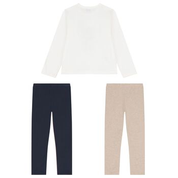 Girls Ivory, Navy Blue & Beige Leggings Set