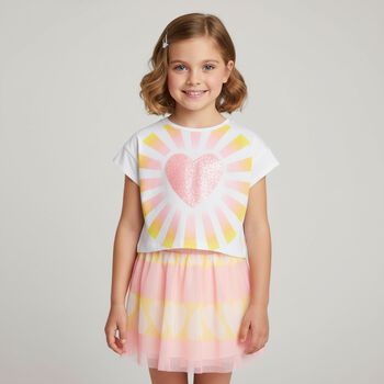 Girls White Heart Sequin T-Shirt