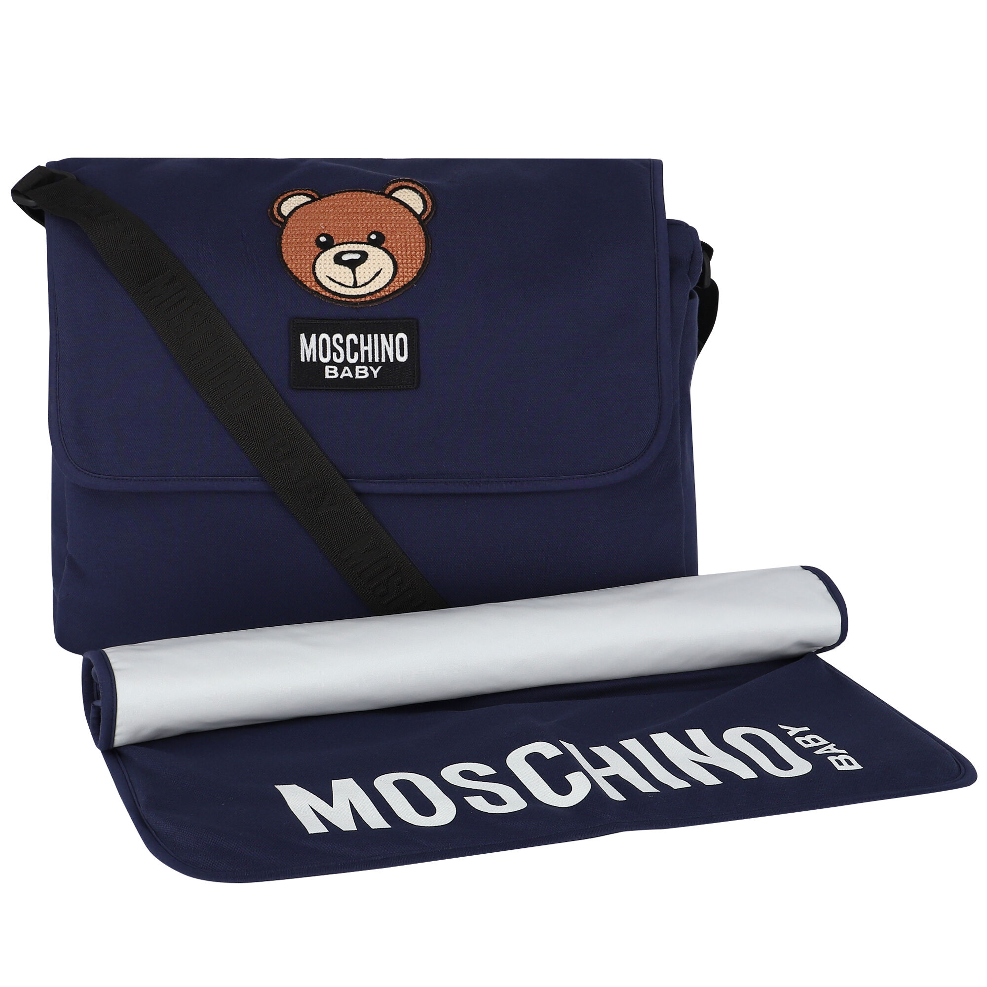 Moschino Navy Teddy Logo Baby Changing Bag | Junior Couture USA