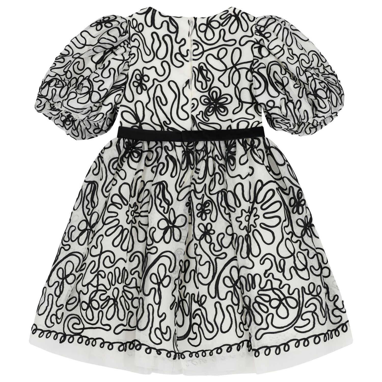 Girls Ivory & Black Ribbon Floral Tulle Dress, 1, hi-res