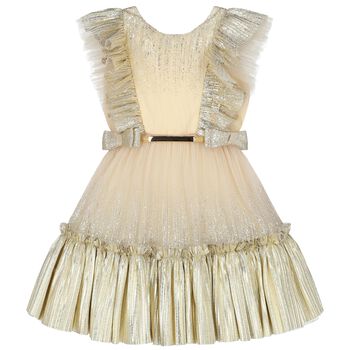 Girls Gold Tulle Ruffled Dress