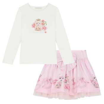 Girls Ivory & Pink Teddy Skirt Set