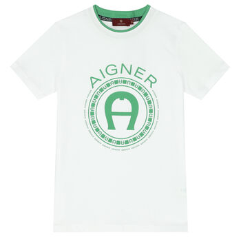 Boys White & Green Cotton Logo T-Shirt