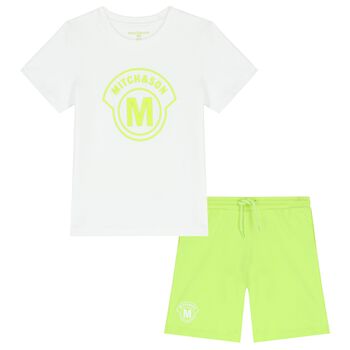 Boys White & Green Logo Shorts Set