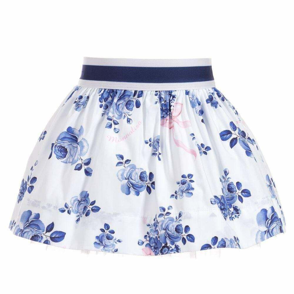 Monnalisa Younger Girls White Blue Floral Skirt Junior Couture USA