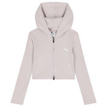 Girls Pink Ribbed Logo Hooded Zip Up Top