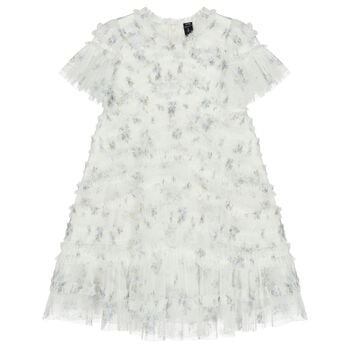 Girls White Floral Ruffled Tulle Dress