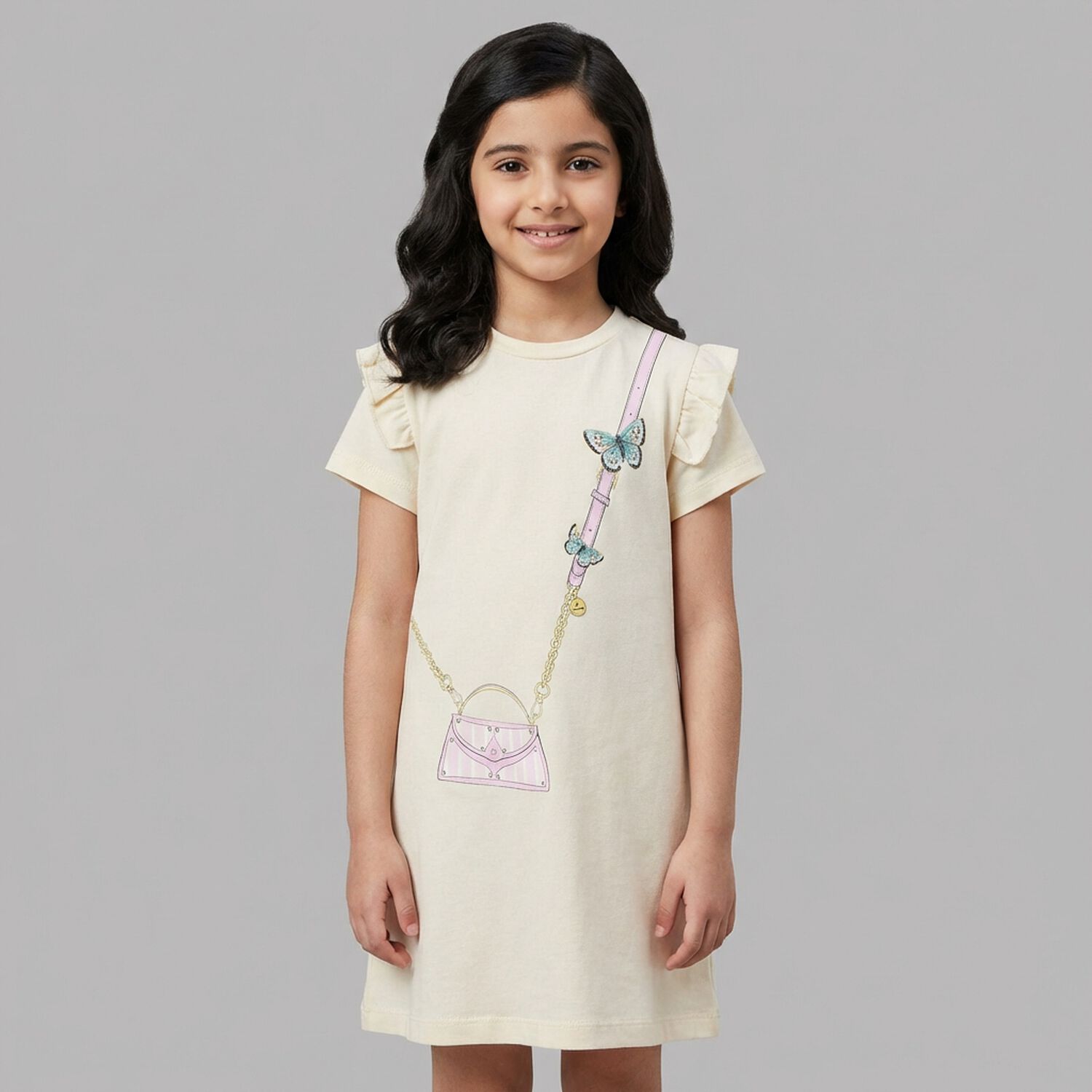 Younger Girls Ivory Bag Logo Dress, 1, hi-res