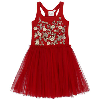 Girls Red Embellished Tulle Dress
