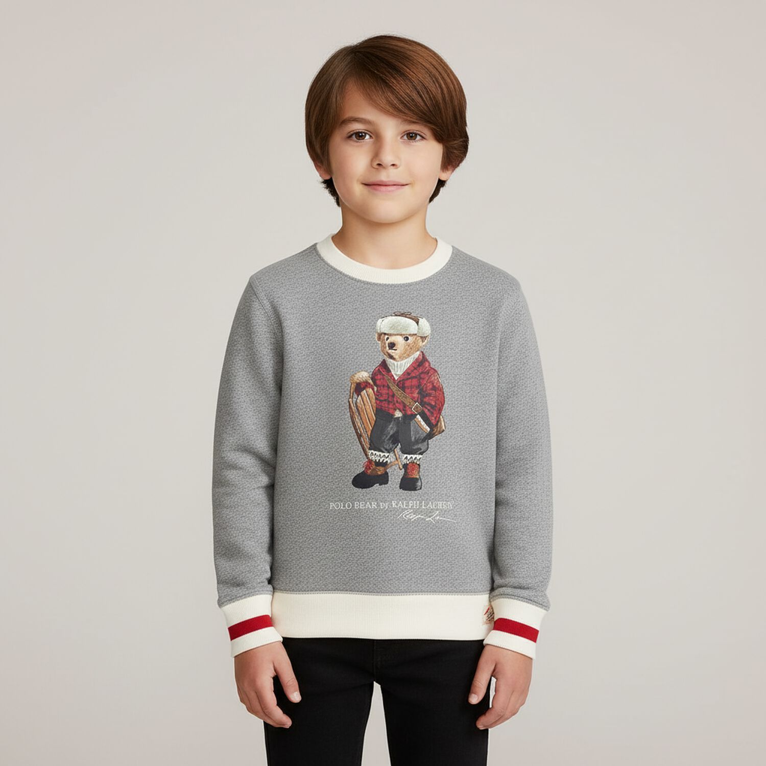 Boys Grey Logo Polo Bear Sweatshirt, 1, hi-res