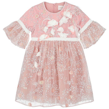 Girls Pink Embroidered Sequin Tulle Dress