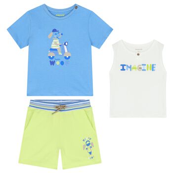 Younger Boys White, Green & Blue Shorts Set