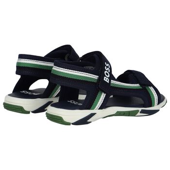 Boys White, Green & Navy Blue Logo Sandals
