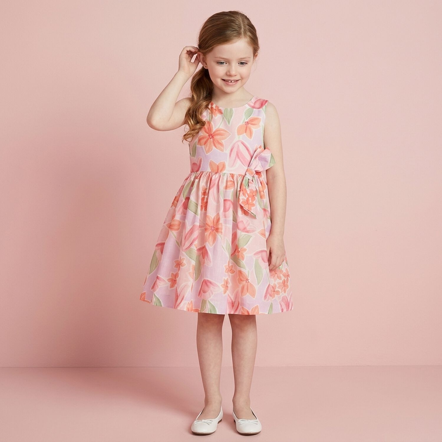 Girls Orange & Pink Floral Dress, 1, hi-res