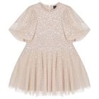 Girls Beige Sequin Tulle Dress , 1, hi-res