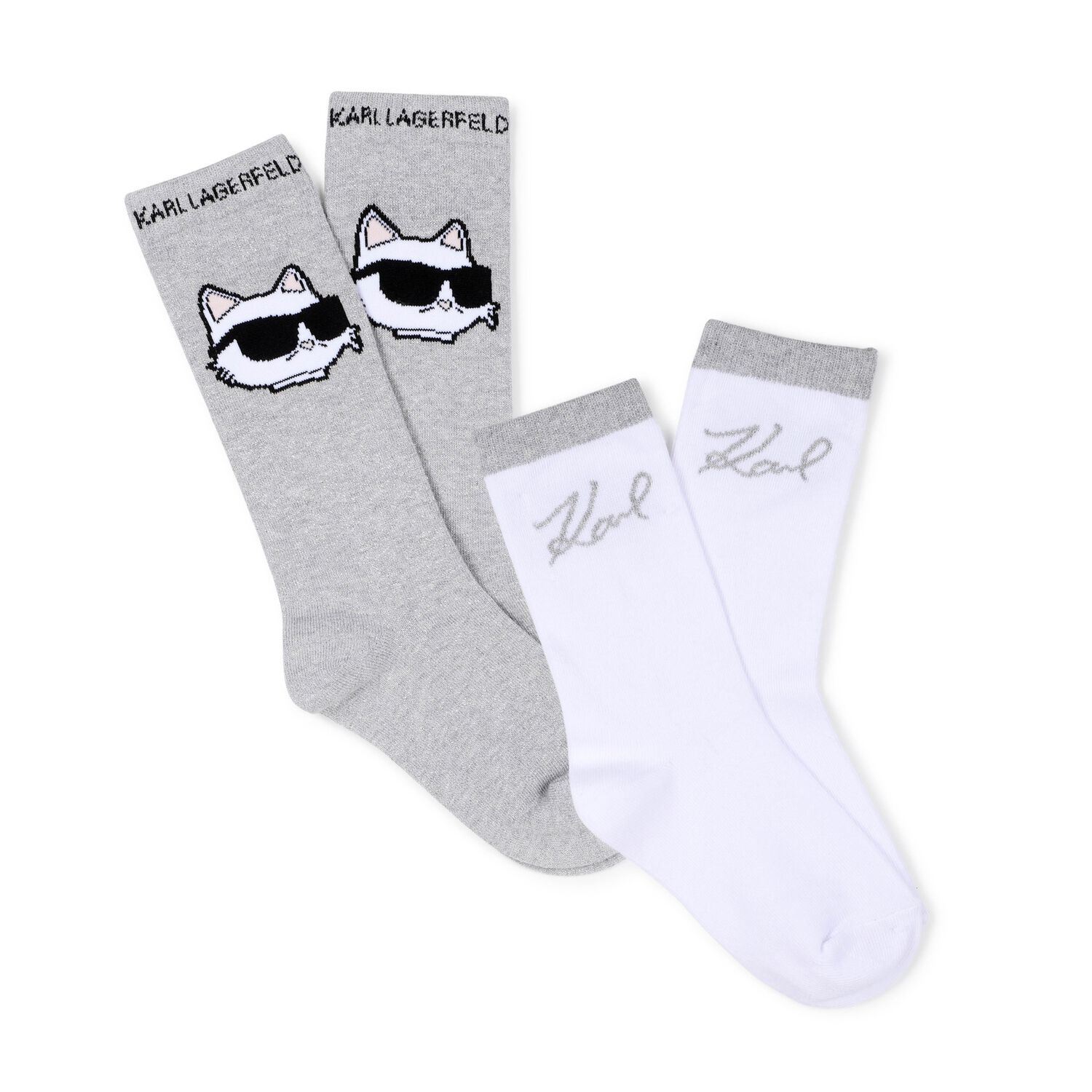 Girls Grey & White Choupette & Logo Socks ( 2 Pack ), 1, hi-res