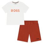 Younger Boys White & Rust Orange Shorts Set, 1, hi-res