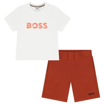 Younger Boys White & Rust Orange Shorts Set