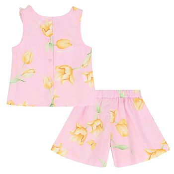 Girls Pink Ruffled Floral Short Set