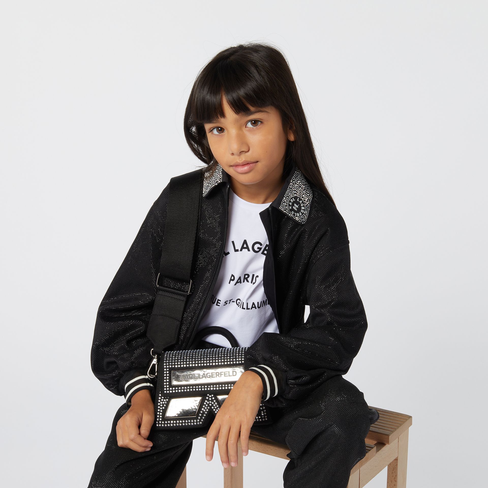 KARL LAGERFELD Girls Black Logo Rhinestone Zip Up Top