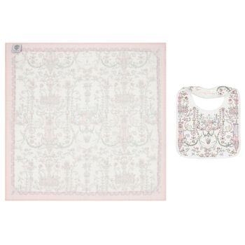 Baby Girls White & Pink Toile de Jouy Carré Swaddle & Bib Gift Set