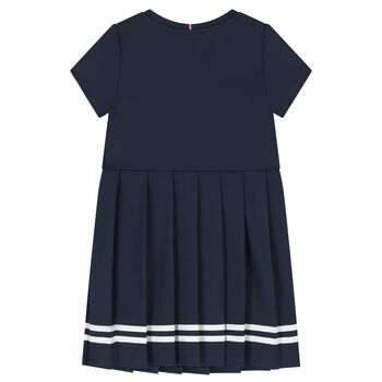Girls Navy Blue Logo Pleated Dress