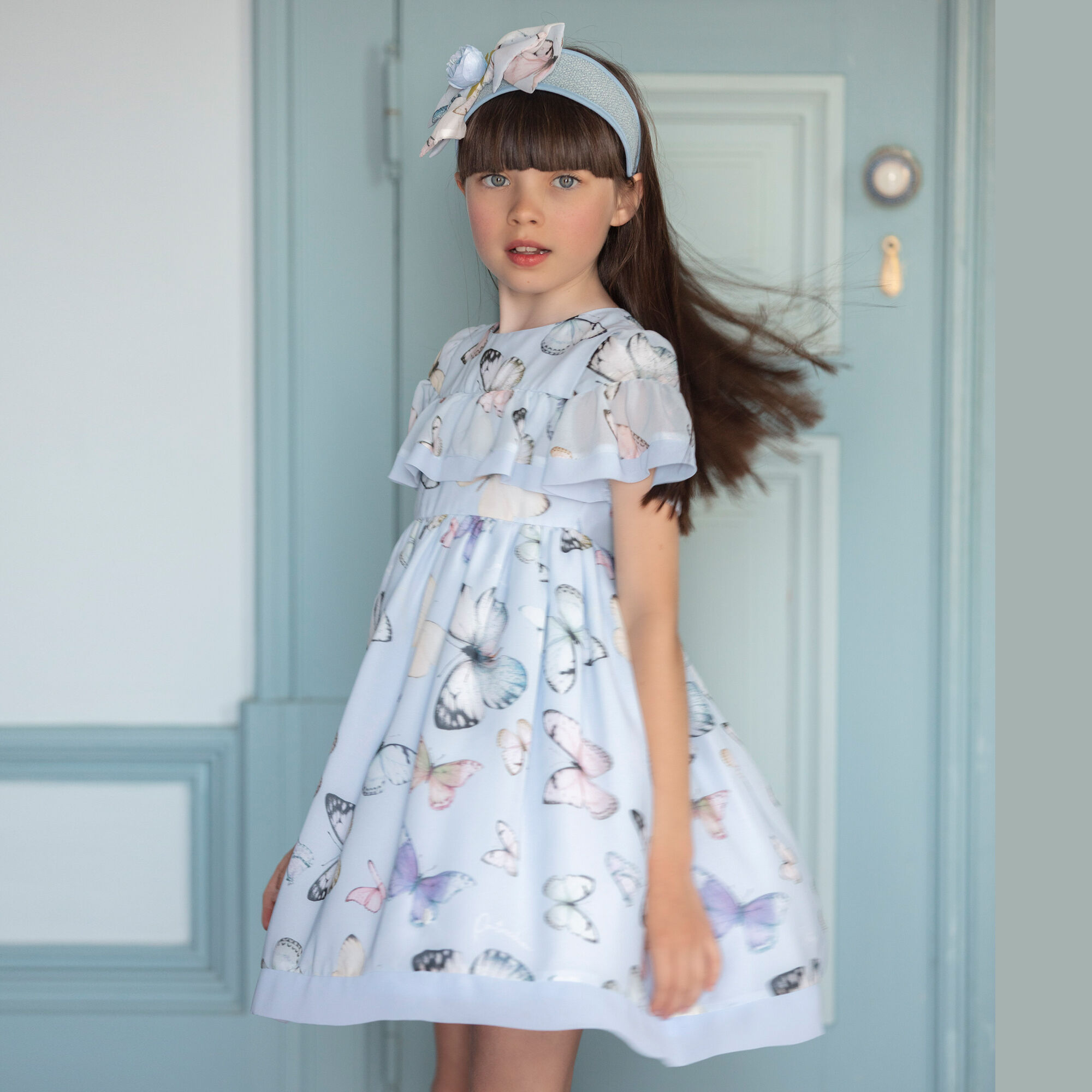 Patachou Girls Blue Butterfly Chiffon Dress Junior Couture