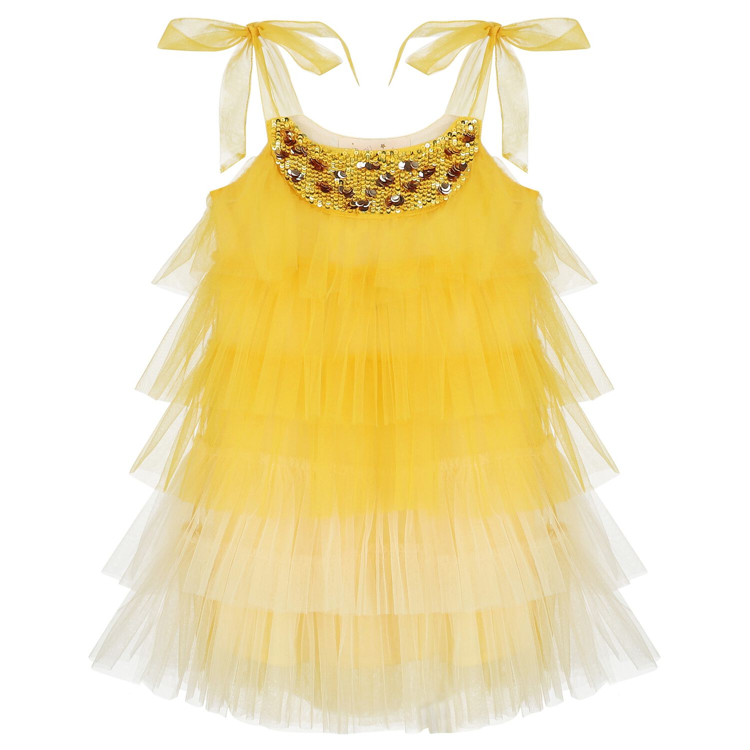Girls Yellow Logo Tulle Dress , 1, hi-res