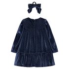 Girls Navy Blue Sparkle Velvet Dress Set, 3, hi-res