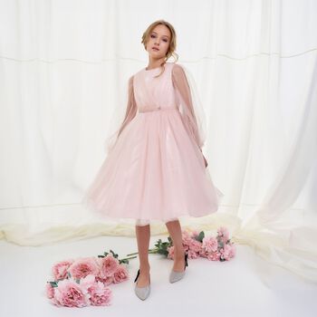 Girls Pink Sheer Sleeves Tulle Dress