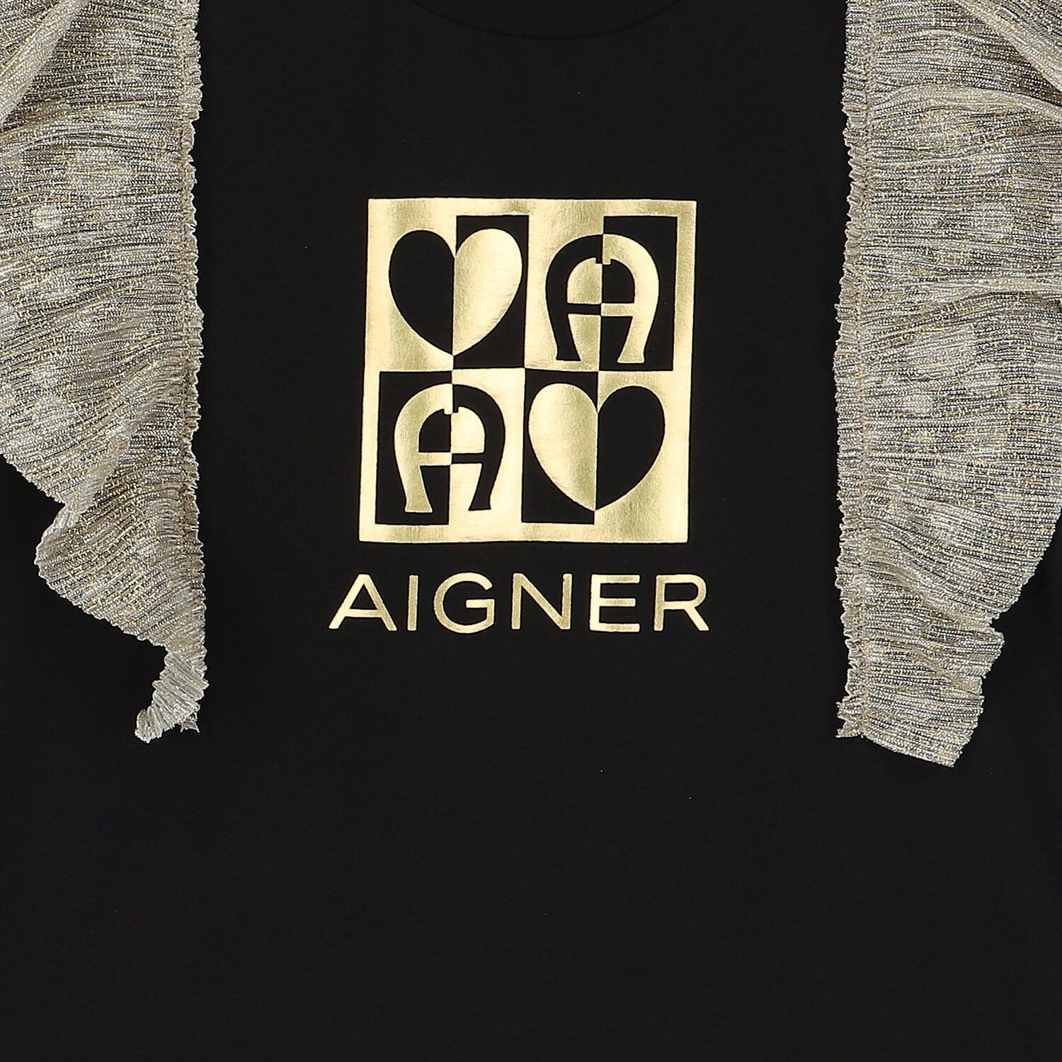 فستان بنات بالشعار باللون الأسود والذهبي, 1, hi-res