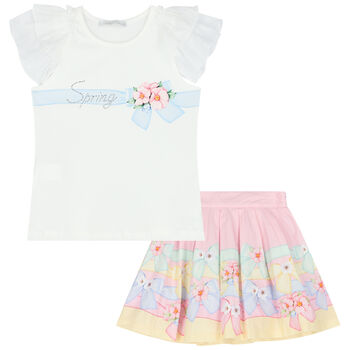 Girls White & Pink Floral Skirt Set