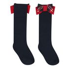 Girls Navy Blue & Red Tartan Bows Socks, 1, hi-res