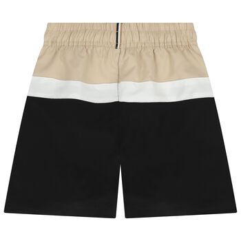 Boys Beige & Black Logo Swim Shorts