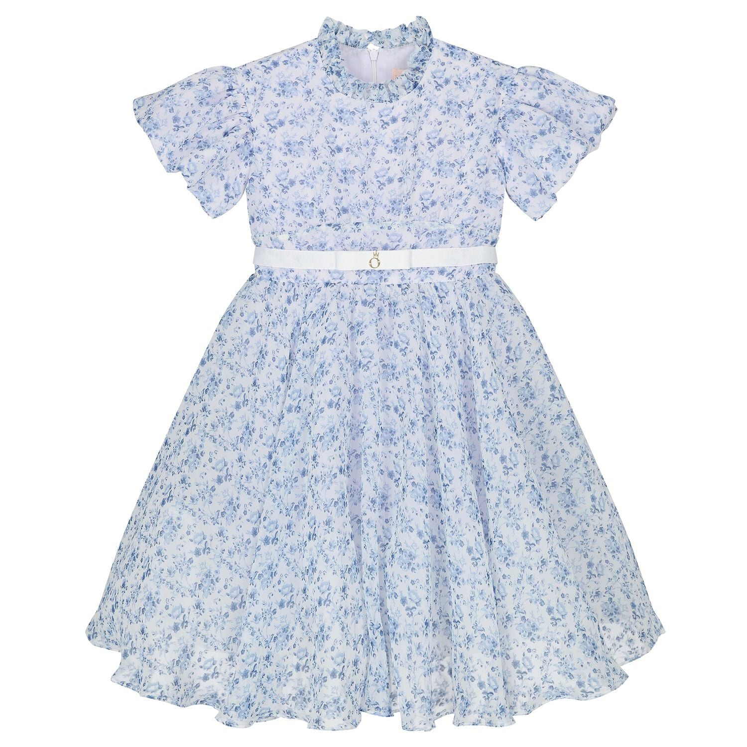 Girls Blue Floral Belted Dress, 2, hi-res