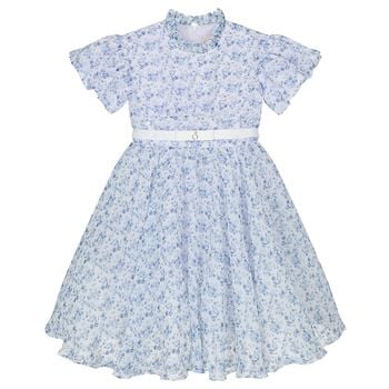 Girls Blue Floral Belted Dress