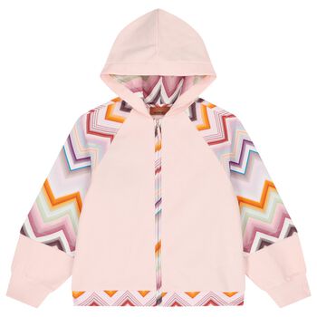 Girls Pink Zig Zag Hooded Zip Up Top